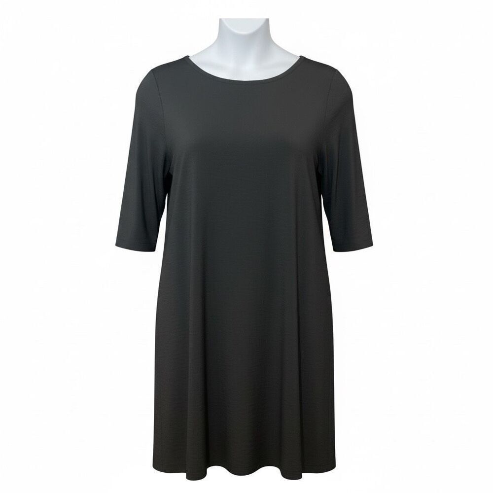 Plus Size 2X(26/28) Solid Black A-Line Midi Dress 3/4-Sleeve Ultra-Stretch